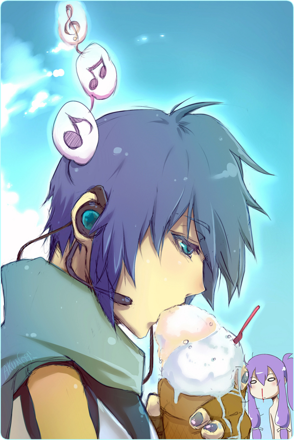 2boys, akun, bad_id, blood, blue_eyes, blue_hair, fingerless_gloves, food, gloves, headphones, headset, ice_cream, kaito, kamui_gakupo, long_hair, male_focus, multiple_boys, musical_note, nail_polish, nosebleed, ponytail, profile, purple_hair, scarf, sexually_suggestive, short_hair, tato, vocaloid