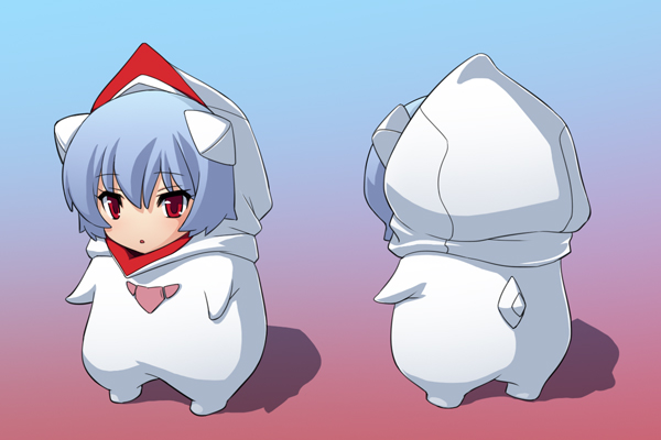 1girl, ayanami_rei, blue_hair, chibi, cosplay, costume, female, gradient, gradient_background, mass_production_eva, mass_production_eva_(cosplay), neon_genesis_evangelion, red_eyes, short_hair, solo, tadano_akira