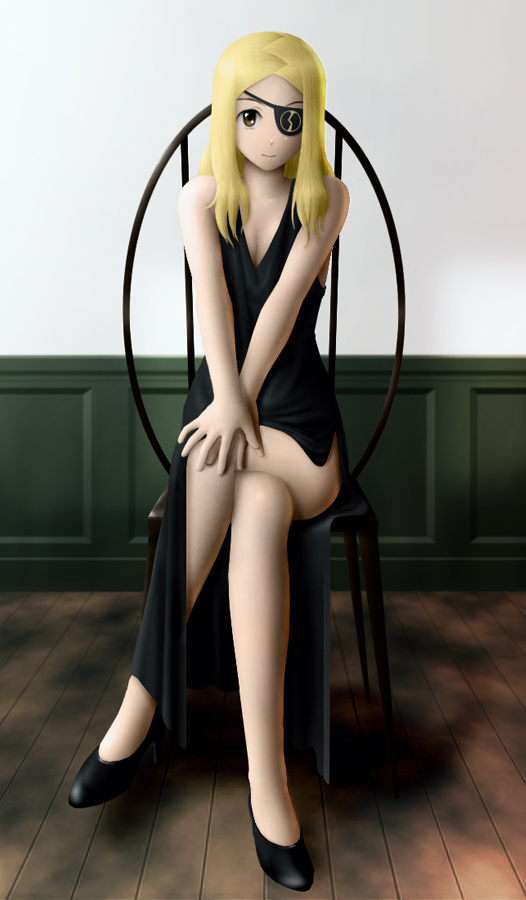 bare_shoulders, black_dress, blonde_hair, brown_eyes, chair, crossed_legs, dress, eyepatch