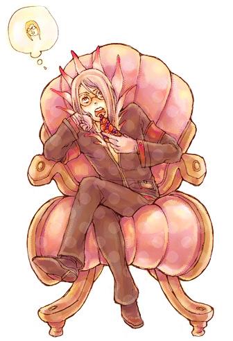 1boy, chair, dist, dist_(tales), food, glasses, gloves, lowres