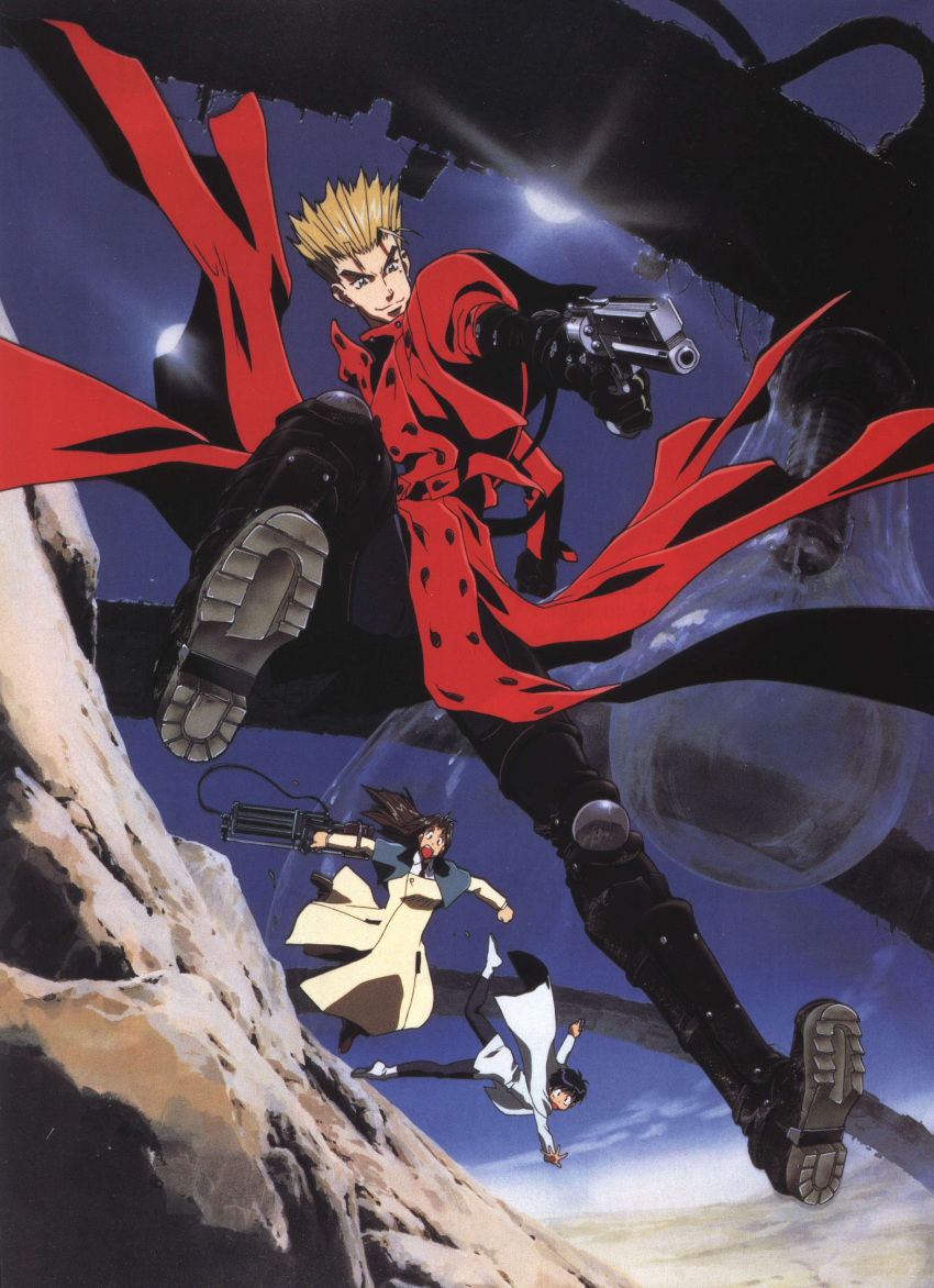 1boy, 2girls, absurdres, armor, black_hair, blonde_hair, blue_eyes, boots, brown_hair, buttons, capelet, clenched_hand, cloak, clouds, desert, dress, elbow_gloves, falling, fighting_stance, gatling_gun, gloves, gun, handgun, highres, holding, jumping, knee_pads, long_coat, long_hair, meryl_strife, meryl_stryfe, milly_thompson, mole, mountain, multiple_girls, necktie, official_art, open_mouth, outdoors, outstretched_arms, pantyhose, pistol, revolver, ruins, scan, shin_guards, short_dress, short_hair, sky, smile, spiky_hair, spread_arms, spread_legs, sun, trigun, vash_the_stampede, weapon, wide-eyed