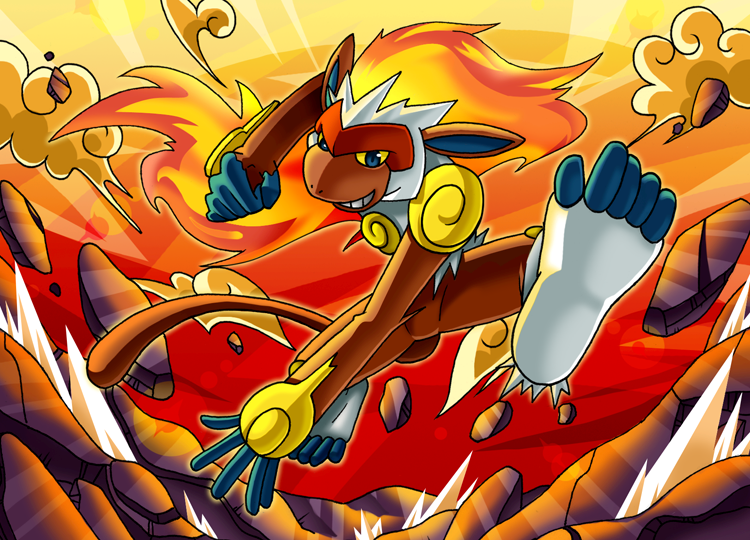 blue_eyes, dust, endless_whispers, fire, infernape, monkey, no_humans, pokemon, smile, solo, tail