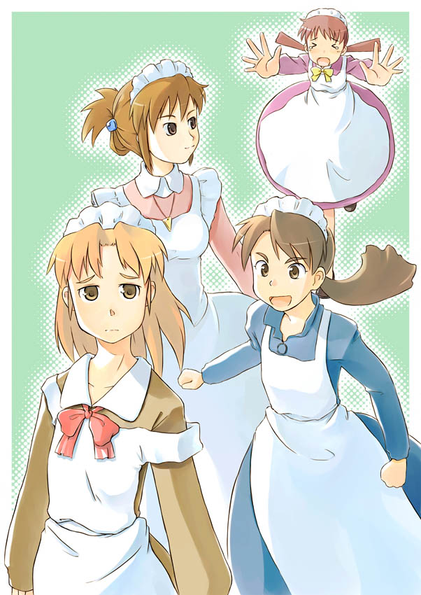 4girls, brown_hair, futaba_channel, hidoi, kudoi, maid, medoi, modoi
