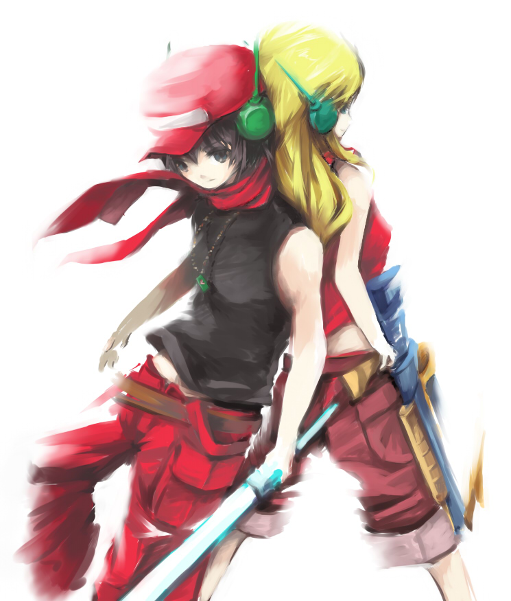 1boy, 1girl, android, back-to-back, bad_id, bare_shoulders, baseball_cap, blonde_hair, curly_brace, doukutsu_monogatari, gun, hat, jewelry, necklace, quote, robot_ears, scarf, suulabo, sword, weapon