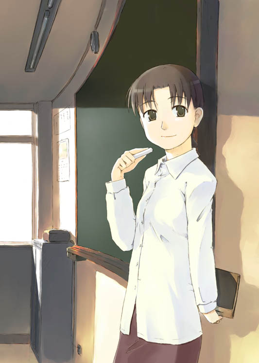 1girl, brown_hair, chalk, chalkboard, classroom, mutou_youshun, smile, solo