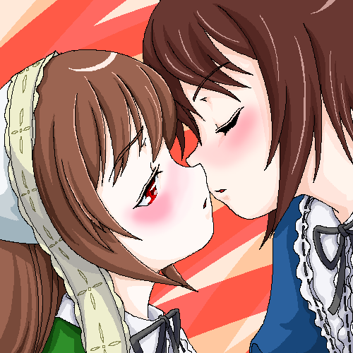 00s, 2girls, blush, brown_hair, kiss, lowres, multiple_girls, oekaki