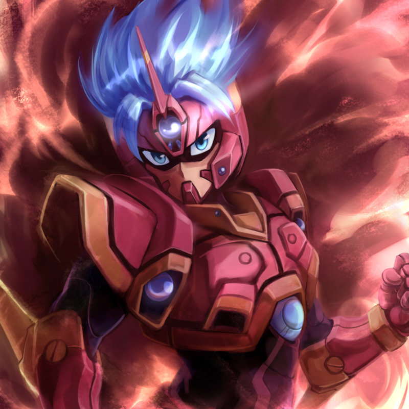 1boy, armor, banpresto, blue_eyes, blue_hair, fighter_roar, kouta_azuma, male_focus
