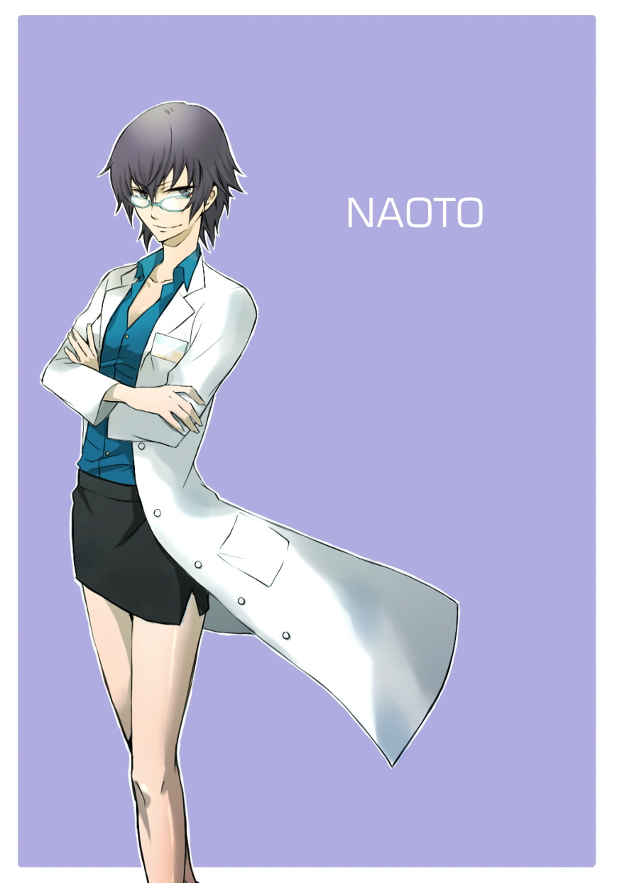 1girl, arufa@kara, arufa@sora, atlus, bad_id, blue_eyes, blue_hair, crossed_arms, glasses, highres, labcoat, miniskirt, pencil_skirt, persona, persona_4, shirogane_naoto, short_hair, simple_background, skirt, solo
