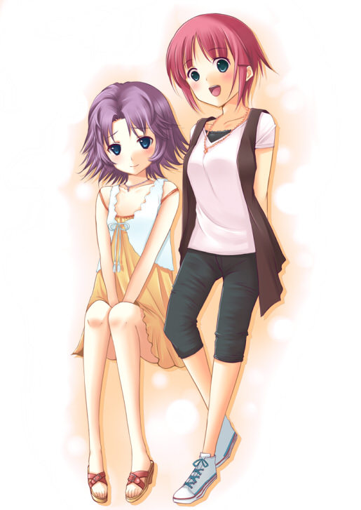 2girls, banpresto, blue_eyes, casual, dress, green_eyes, jewelry, latooni_subota