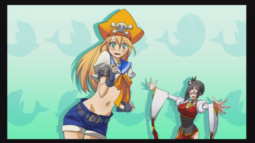 2girls, arc_system_works, blazblue, blazblue:_calamity_trigger, blonde_hair, blush, company_connection, cosplay