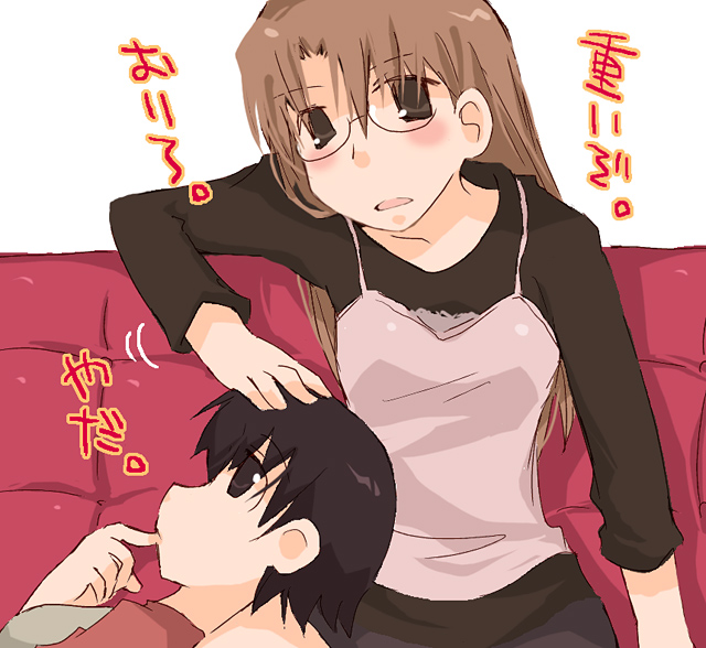 2girls, azumanga_daioh, azumanga_daiou_hoshuu-hen, black_hair, blush, brown_eyes, brown_hair, couch