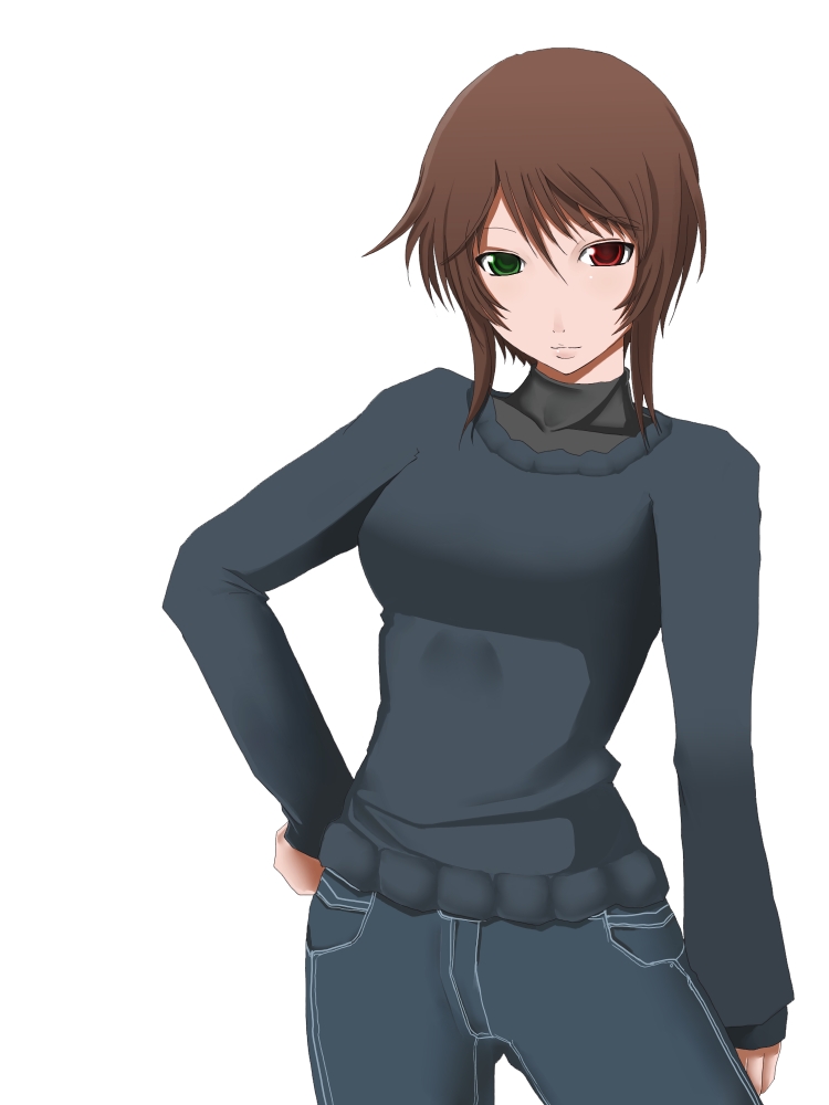 00s, 1girl, breasts, brown_hair, casual, chemical-x, denim, female