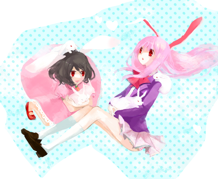 2girls, animal_ears, bad_id, brown_hair, female, footwear, heart, hm, hm_(artist), inaba_tewi, kneehighs, long_hair, multiple_girls, panties, pink_hair, rabbit, rabbit_ears, red_eyes, reisen_udongein_inaba, short_hair, socks, striped, striped_panties, touhou, underwear, white_legwear