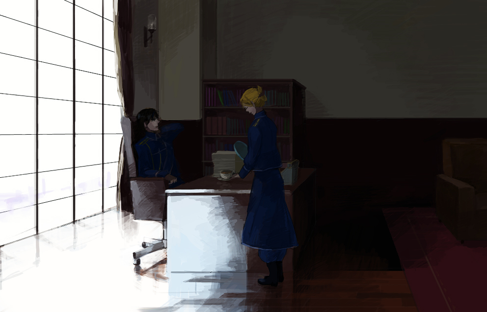 00s, 1boy, 1girl, bad_id, black_hair, blonde_hair, bookshelf, chair