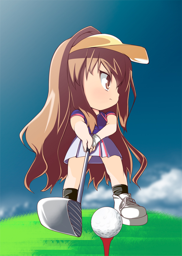 1girl, aisaka_taiga, bad_id, ball, brown_eyes, brown_hair, chibi, foreshortening