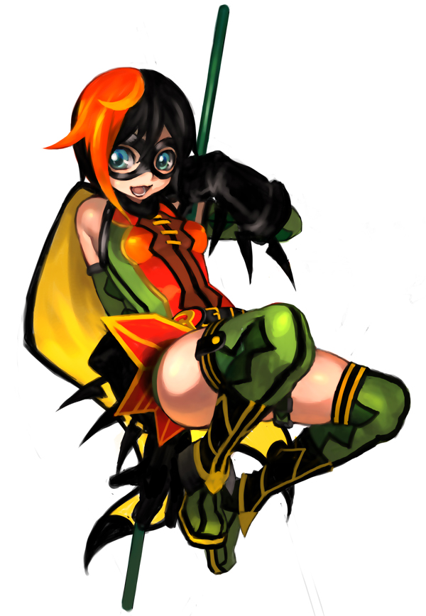 1girl, ame-comi, batman_(series), belt, black_hair, blue_eyes, boots, cape
