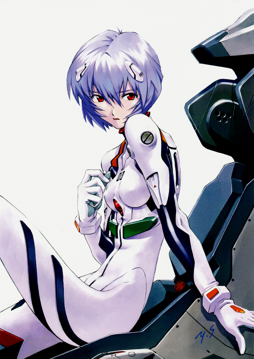 1girl, absurdres, ayanami_rei, blue_hair, bodysuit, cockpit, entry_plug, highres