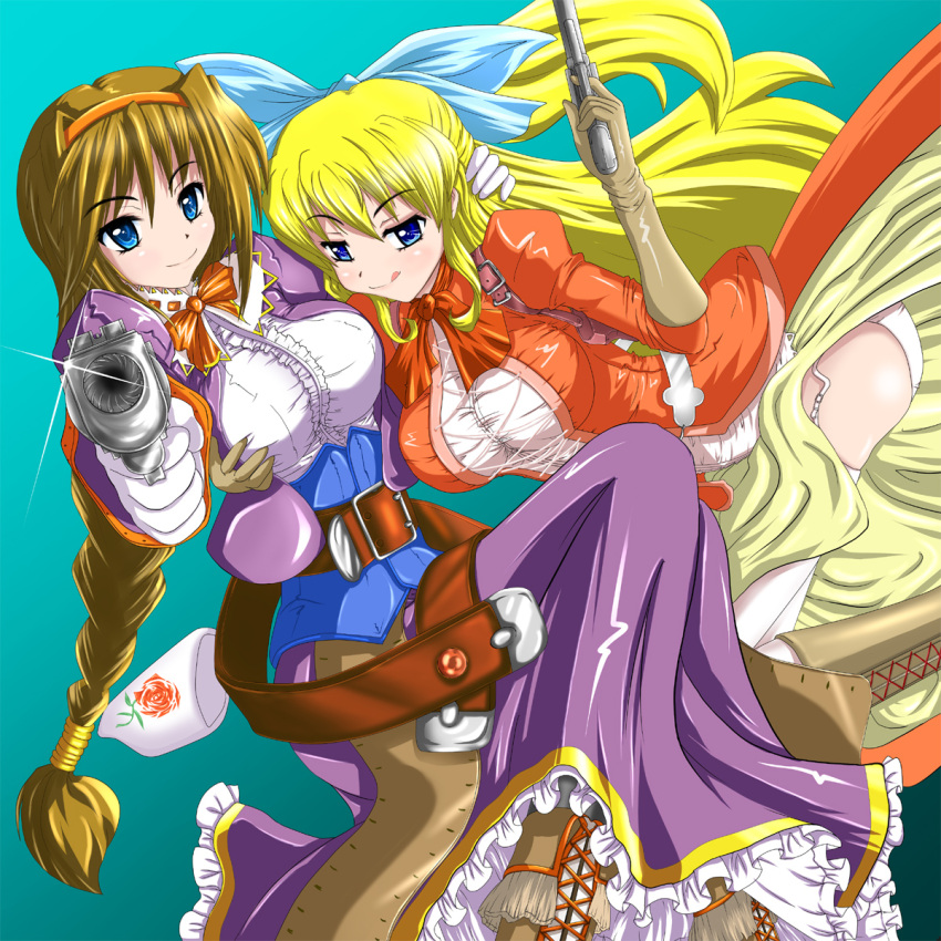 2girls, :q, aiming_at_viewer, aqua_background, bad_id, belt, blonde_hair, blue_eyes
