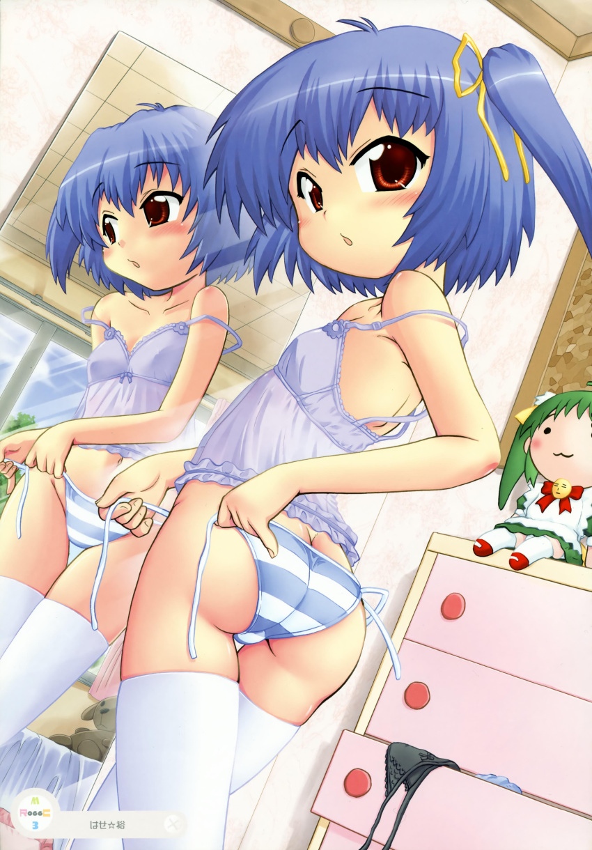 1girl, absurdres, ass, black_lemon-chan, blue_hair, blush, butt_crack, camisole
