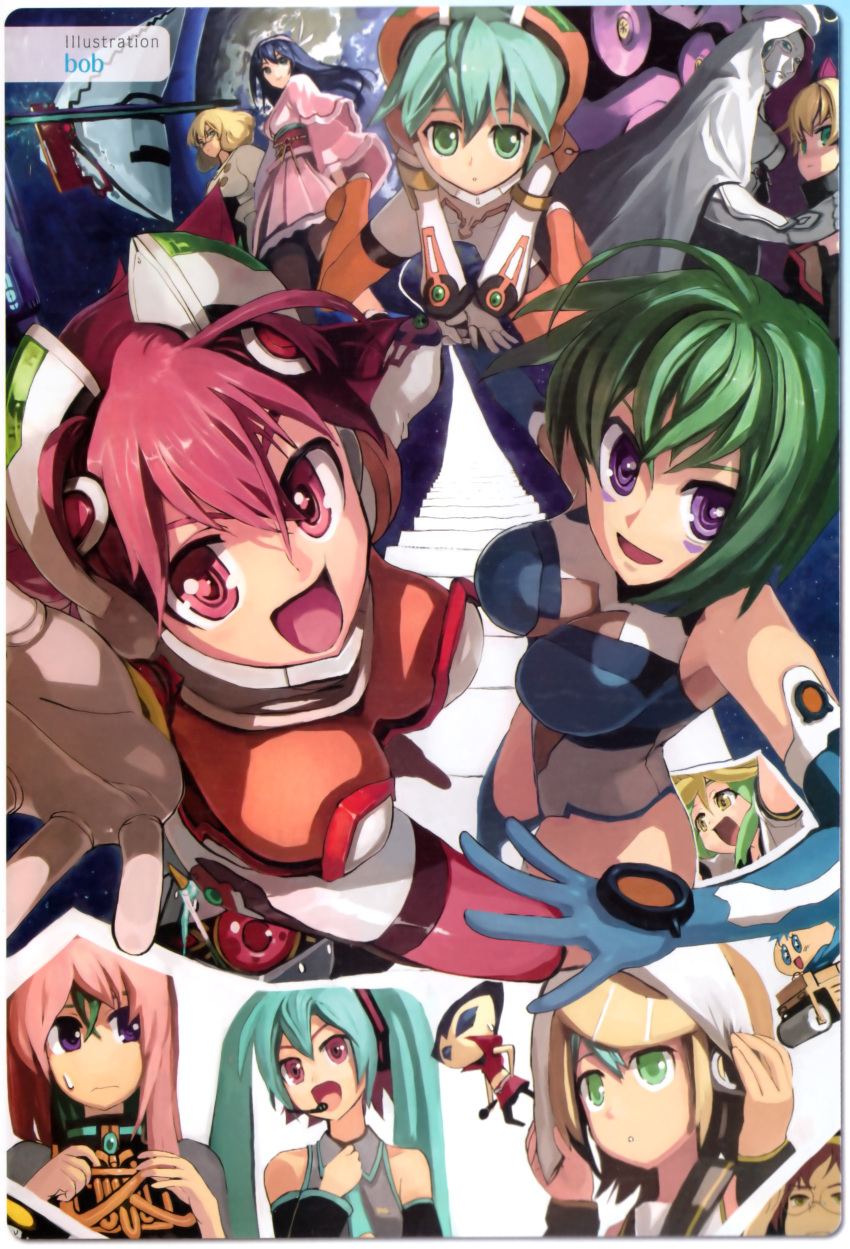 6+girls, :d, absurdres, aqua_necktie, artist_name, bare_shoulders, blonde_hair, bob_(artist)