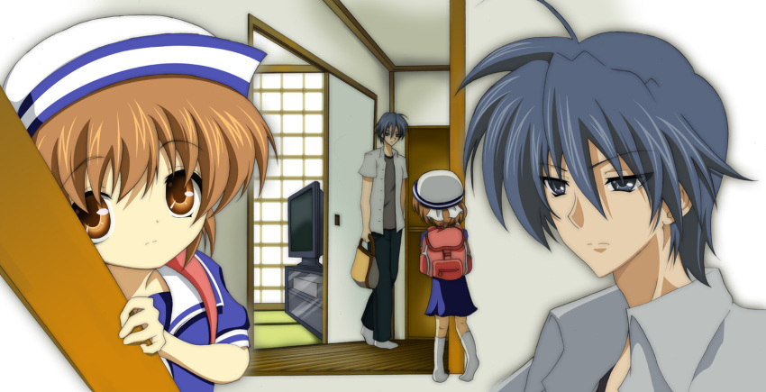blue_hair, brown_eyes, brown_hair, clannad, dress, father_and_daughter, hat, okazaki_tomoya