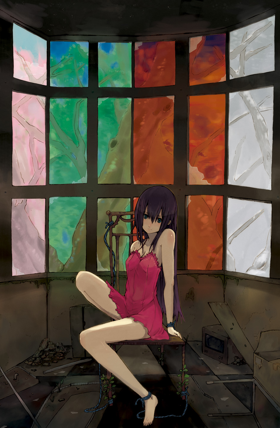 1girl, bare_shoulders, barefoot, bdsm, blue_eyes, blue_rope, bondage, bound, chair, chemise, dress, feet, female, green_eyes, highres, hrd, legs, long_hair, original, pink_dress, purple_hair, rope, short_dress, solo, television, tree, window