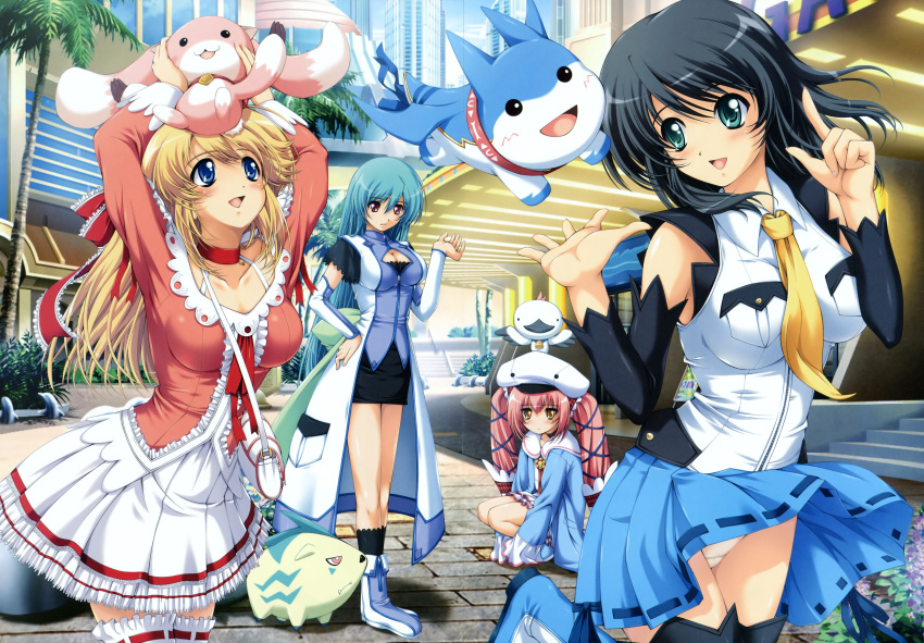 4girls, :d, absurdres, age_difference, ahiruru_(otome_renshin_prister), ahoge, animal, ankle_boots