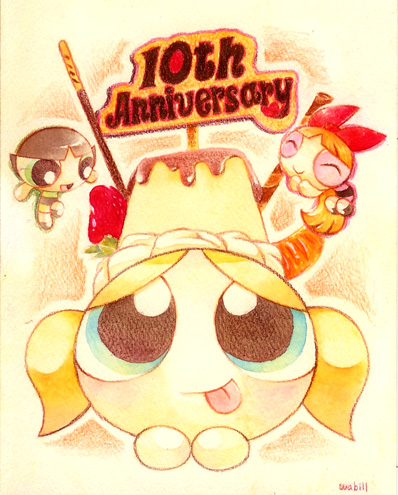 anniversary, black_hair, blonde_hair, blossom_(ppg), blue_eyes, bow, bubbles_(ppg), buttercup_(ppg), cartoon_network, colored_pencil, colored_pencil_(medium), food, food_as_clothes, fruit, gouache_(medium), green_eyes, hair_bow, happy, lowres, nib_pen_(medium), orange_hair, pencil, pocky, powerpuff_girls, pudding, strawberry, tongue, traditional_media, twintails, wabiru