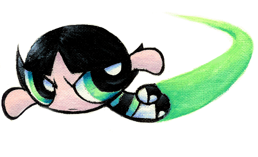 acrylic_paint_(medium), black_hair, buttercup_(ppg), cartoon_network, green_eyes, pantyhose, powerpuff_girls, short_hair, traditional_media, wabiru, white_legwear