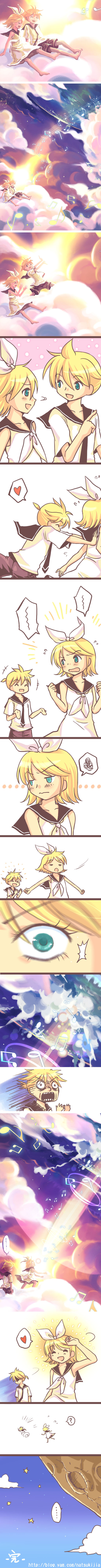1boy, 1girl, ?, absurdres, aqua_eyes, bad_id, beam, blonde_hair, blush, brother_and_sister, clouds, embarrassed, hair_ribbon, heart, highres, jia, kagamine_len, kagamine_rin, long_image, music, musical_note, natsukijia, necktie, quaver, ribbon, short_hair, shorts, siblings, sky, smile, staff_(music), tall_image, twins, vocaloid