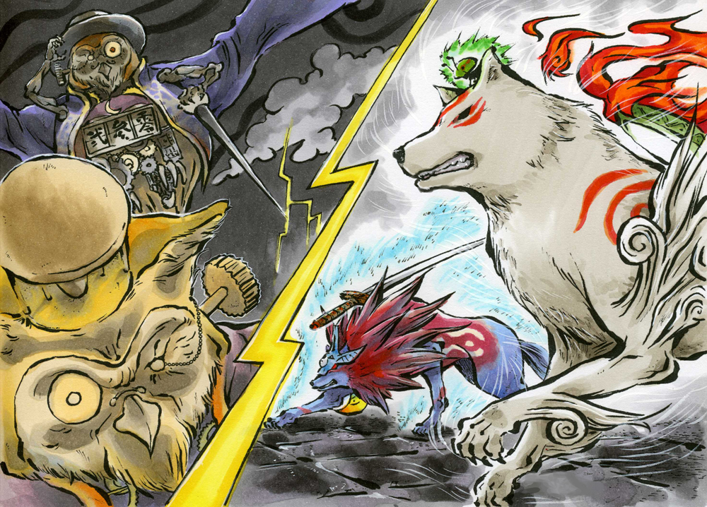 amaterasu, bird, clockwork, issun, lechku, minimaru, nechku, no_humans