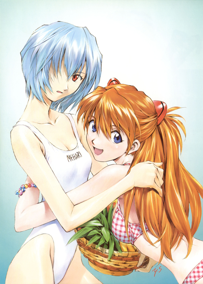 2girls, :d, :o, absurdres, alternate_costume, ayanami_rei, back, banana