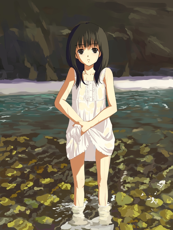 1girl, black_hair, child, dress, dress_lift, female, natori_(natorism), rock