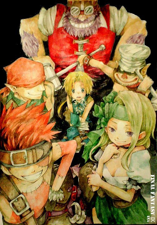 1girl, 5boys, bad_id, baku_(ff9), bandanna, blank, breasts, cinna, cleavage, final_fantasy, final_fantasy_ix, gloves, hammer, helmet, ina_(gonsora), marcus, mask, multiple_boys, nero_brothers, ruby, ruby_(ff9), zidane_tribal