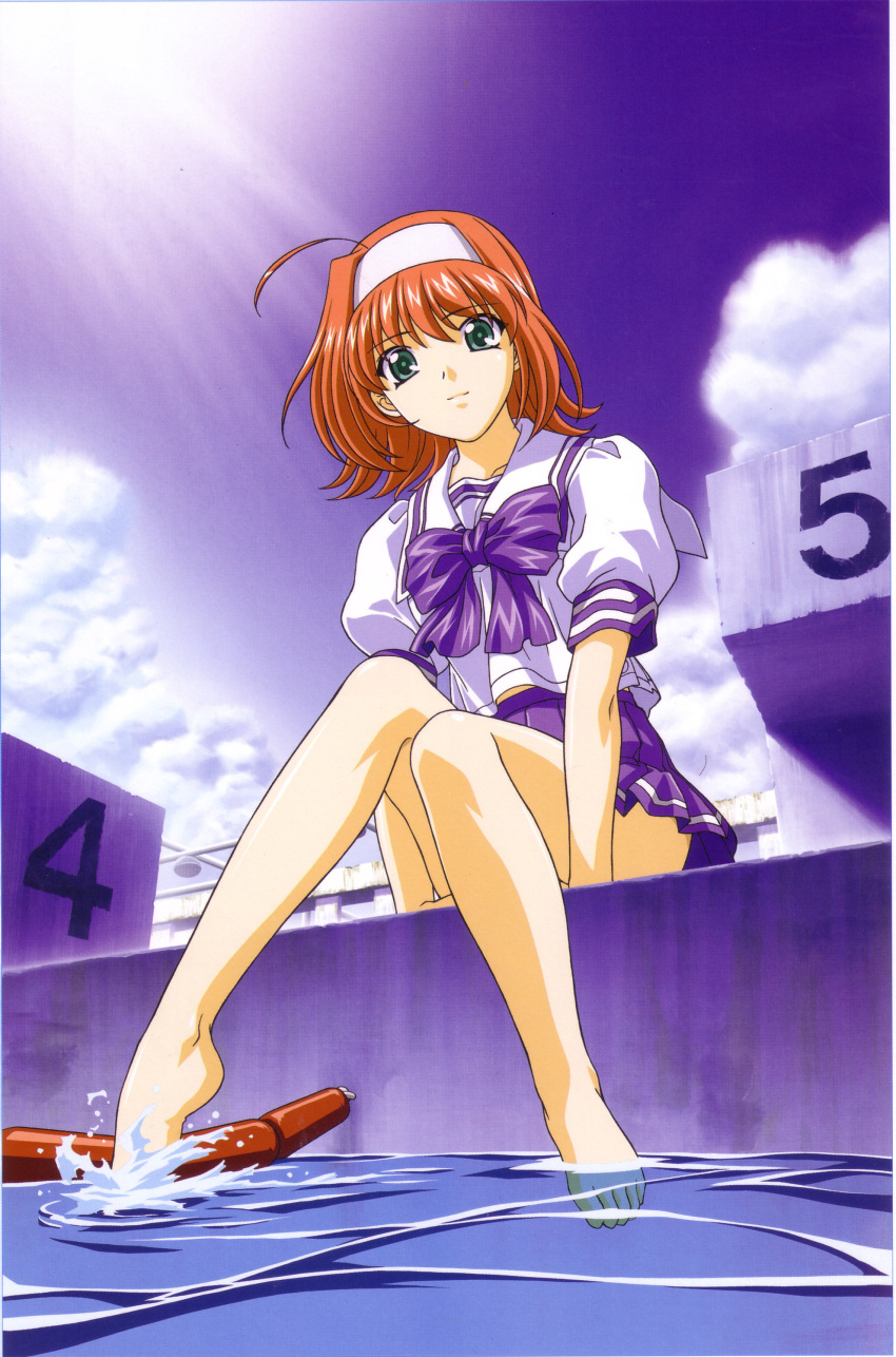00s, 1girl, absurdres, ahoge, barefoot, bottomless, clouds, diving_block, feet, feet_in_water, from_below, fujita_mariko, green_eyes, hairband, headband, highres, kimi_ga_nozomu_eien, knees_together_feet_apart, lane_line, legs, light_rays, midriff, no_panties, outdoors, pool, poolside, redhead, scan, school_uniform, sitting, sky, smile, soaking_feet, solo, splashing, sunbeam, sunlight, suzumiya_akane, toe-point, water