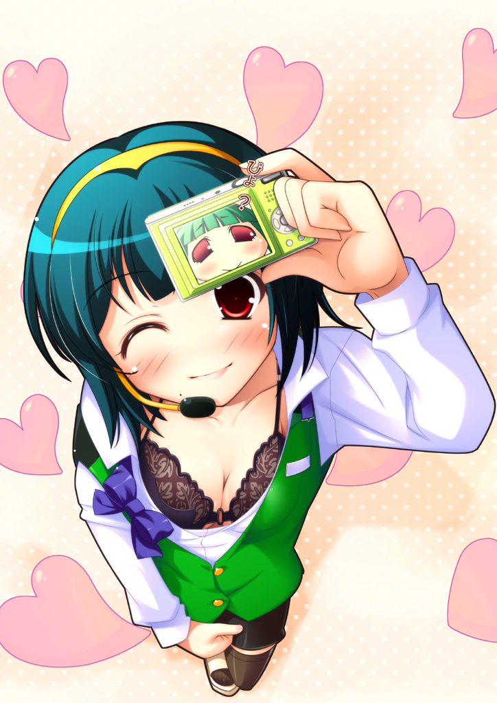 1girl, al_azif_(artist), aru_(abyssinia), blush, bow, bra, breasts, camera