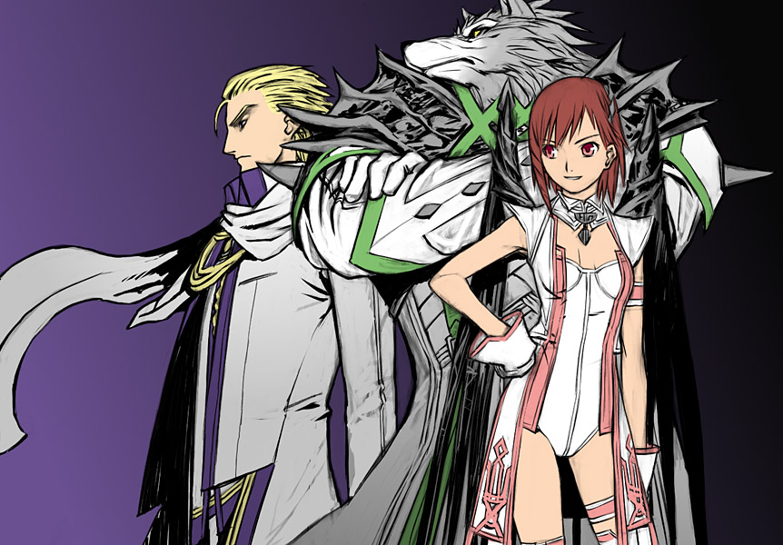 1boy, 1girl, blush, contrapposto, from_side, galumn, gloves, hand_on_hip, juju, leotard, long_sleeves, military, military_uniform, over_zenith, profile, red_eyes, redhead, scarf, short_hair, standing, uniform, vitis, white_gloves, wings