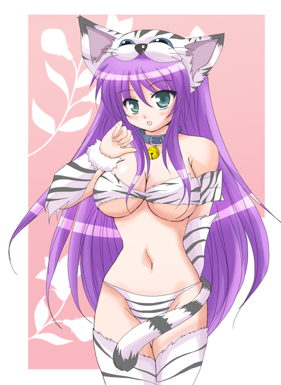 1girl, :o, afuro, animal_ears, animal_hat, bare_shoulders, bell, bell_collar, berserker, berserker_(class), berserker_(final_fantasy), bikini, breasts, cat_ears, cat_tail, cleavage, collar, faris_scherwiz, final_fantasy, final_fantasy_v, fur, green_eyes, hat, large_breasts, long_hair, panties, purple_hair, solo, swimsuit, tail, thigh-highs, tiger_print, under_boob, underwear
