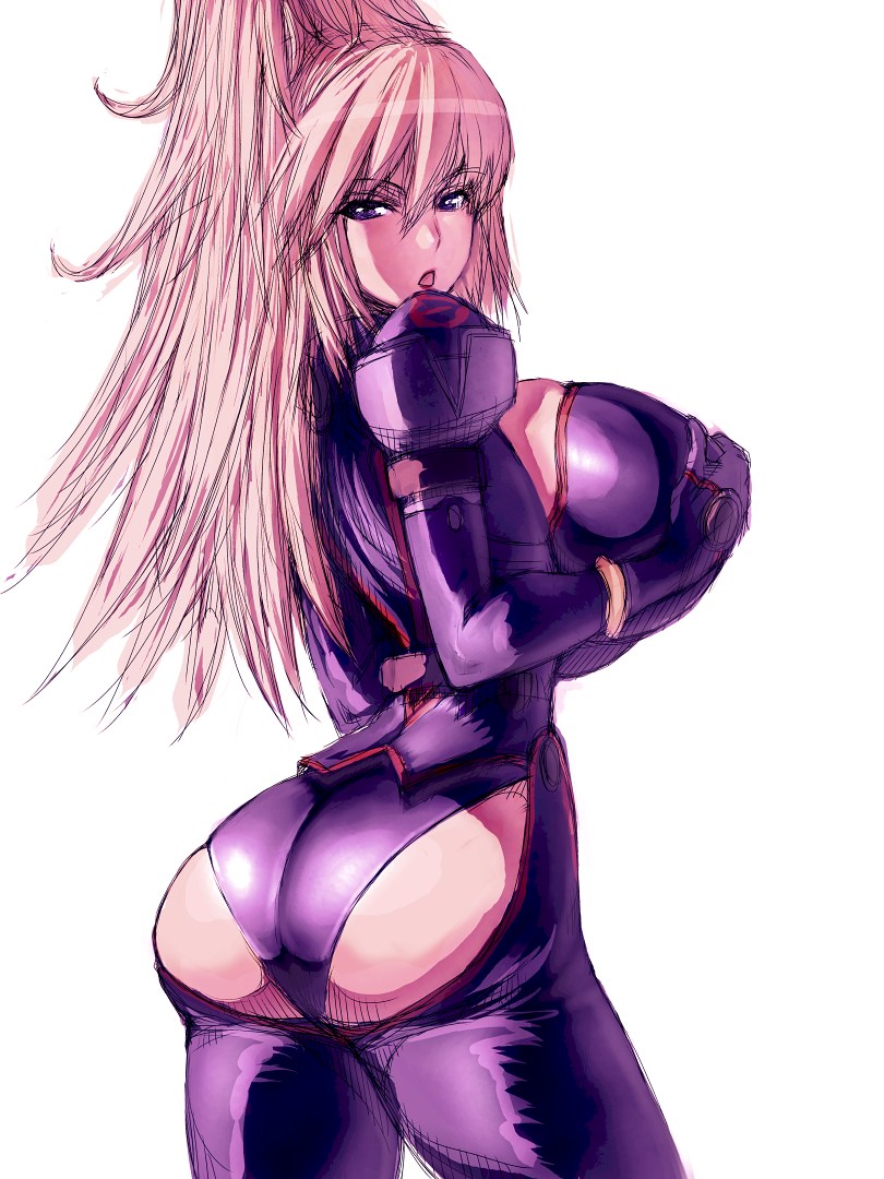 00s, 1girl, ass, ass_cutout, blonde_hair, breast_grab, breasts, choujuushin_gravion