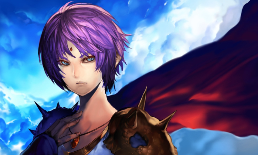 androgynous, blue_eyes, cape, eel_(artist), facial_mark, forehead_mark, jewelry, pendant