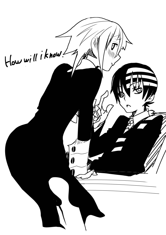 1boy, 1girl, androgynous, ass, black_dress, black_hair, blush, crona_(soul_eater)
