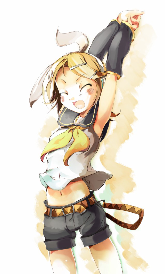 armpits, blonde_hair, blush, closed_eyes, ginka, ginka_(pixiv), hair_ornament, hair_ribbon, hairclip, headphones, kagamine_rin, midriff, ribbon, short_hair, shorts, smile, stretch, vocaloid