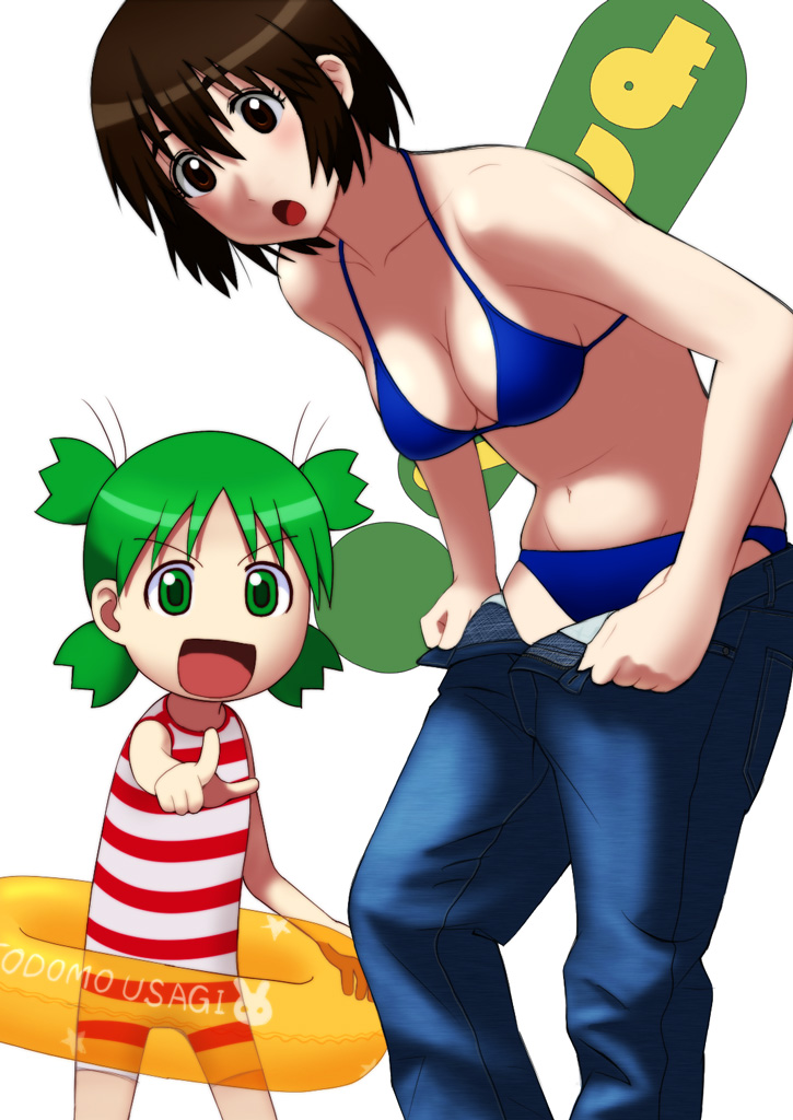 2girls, ayase_fuuka, bikini, bob_cut, denim, eyebrows, jeans, kazunari