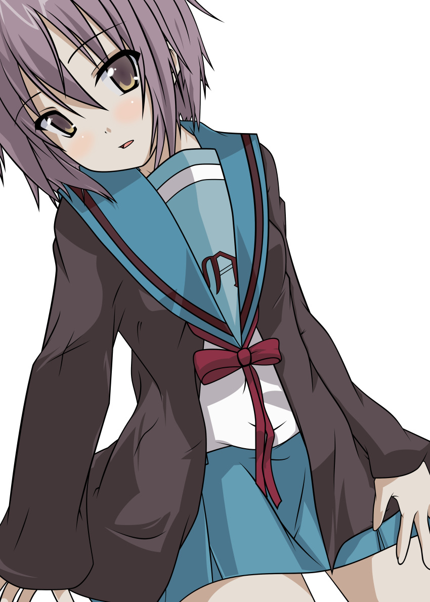 1girl, absurdres, blush, highres, nagato_yuki, satoshi_(artist), school_uniform, short_hair, solo, suzumiya_haruhi_no_yuuutsu, transparent_background, vector_trace