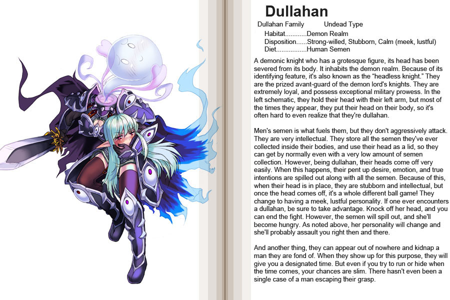 1girl, armor, blush, character_profile, demon, disembodied_head, dullahan, dullahan_(mamono_girl_lover), dullahan_(monster_girl_encyclopedia), english, eyes, hard_translated, headless, kenkou_cross, knight, mamono_girl_lover, monster_girl, monster_girl_encyclopedia, solo, sword, translated, tsundere, undead, weapon