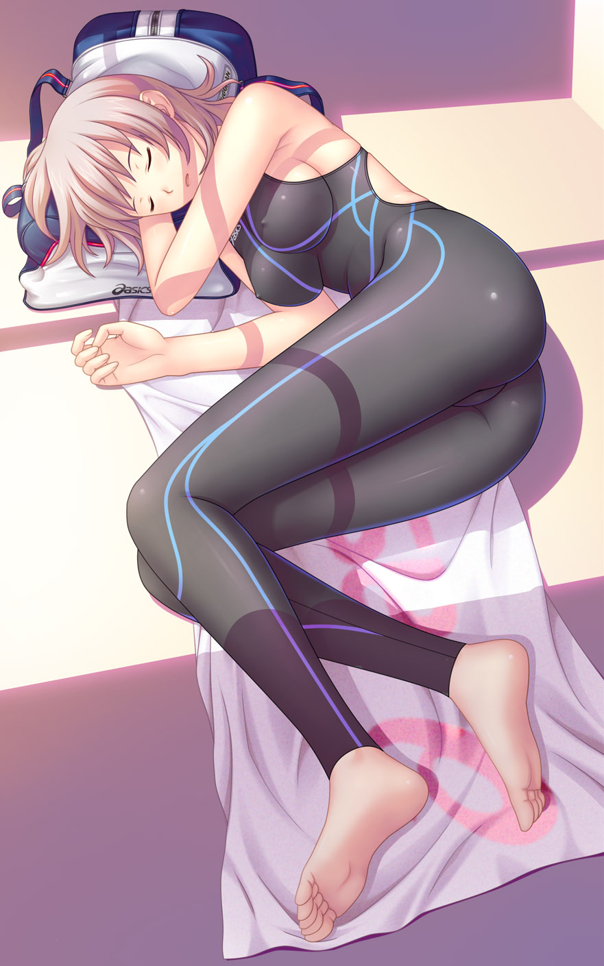 1girl, armpits, asics, ass, bag, barefoot, bodysuit, breasts
