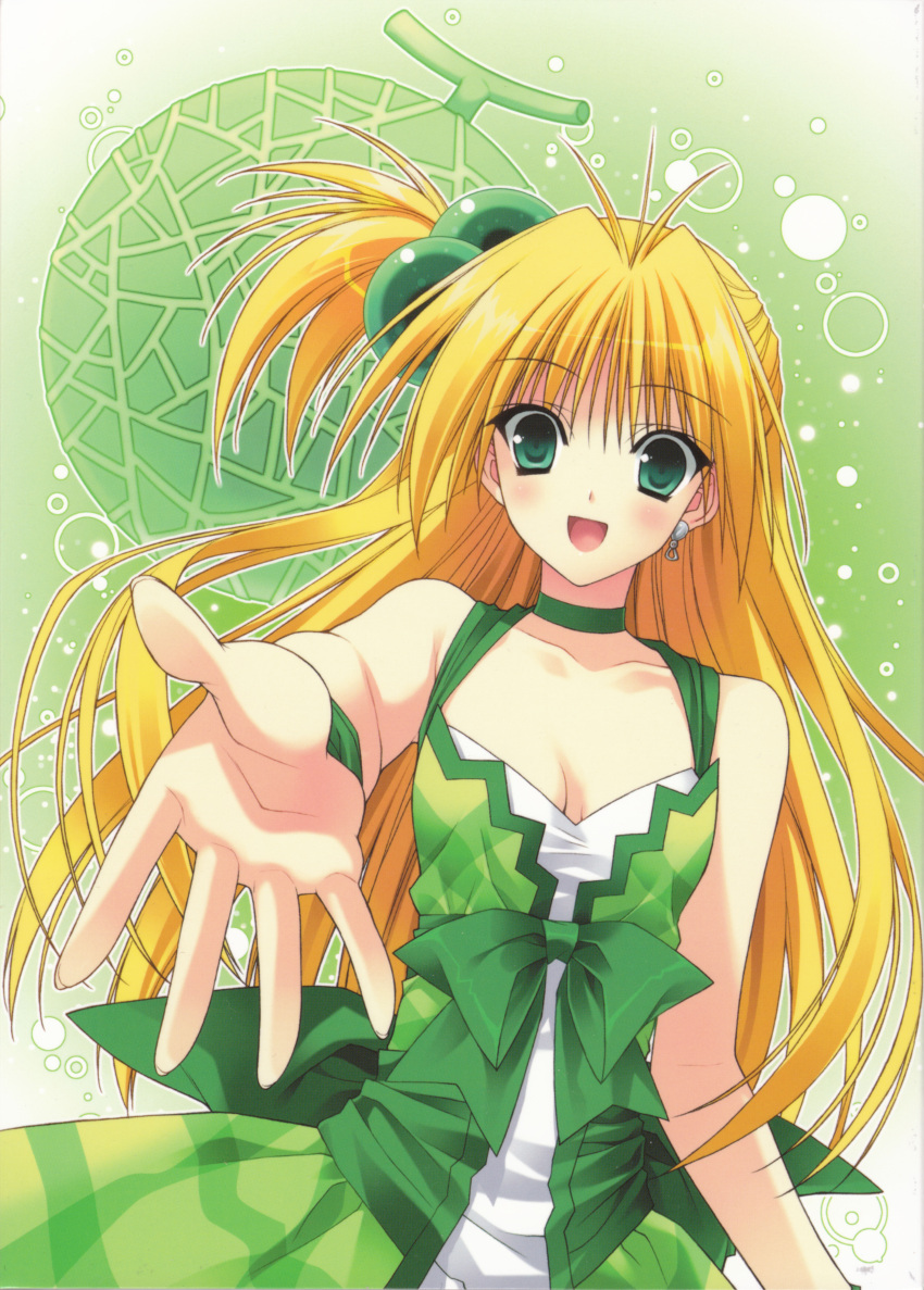 1girl, :d, absurdres, akikan!, bare_shoulders, blonde_hair, blush, choker