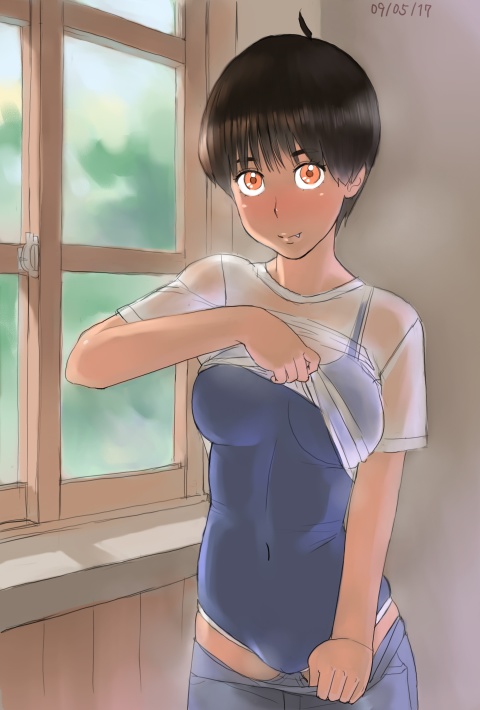 1girl, ayumu_(zenkou), blue_swimsuit, blush, breasts, brown_hair, covered_navel, dated