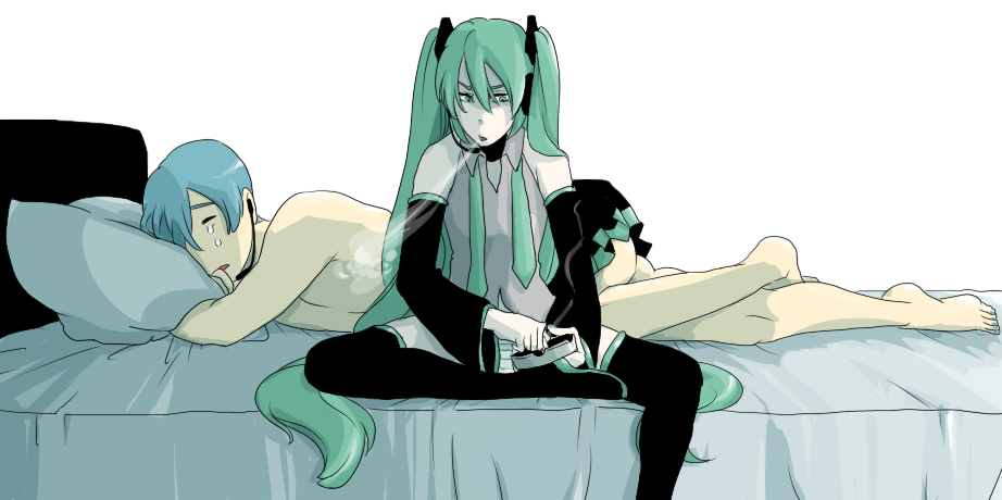 1boy, 1girl, aftersex, ashtray, bad_id, barefoot, blue_hair, cigarette