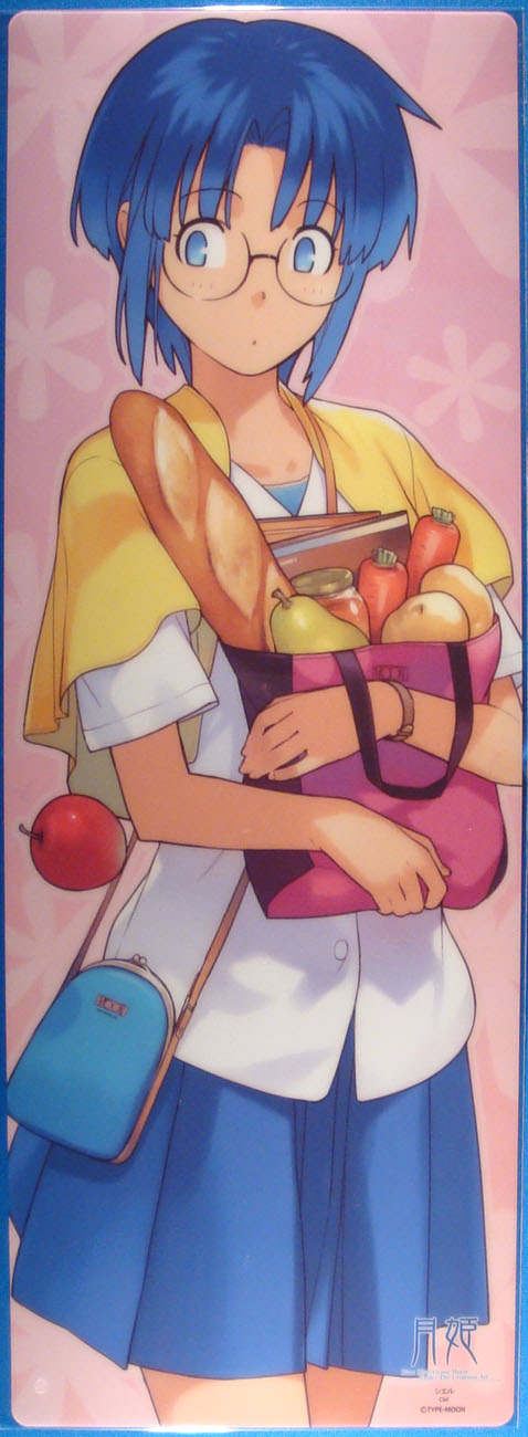 00s, 1girl, apple, bag, blue_eyes, blue_hair, bread, carrot